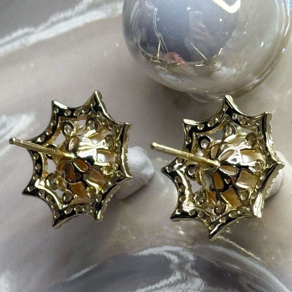 Premium 7mm Akoya Sea Pearl Earrings • Art Deco Web Design • 18K Gold over S925 - Picture 9 of 11